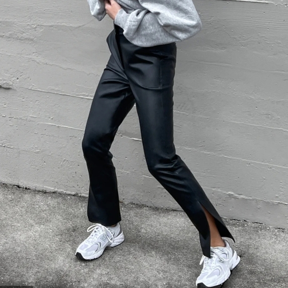 OAK + FORT Pants - Oak + Fort black faux leather side‎ slit pants